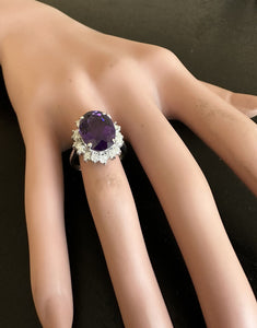 6.55 Carats Natural Amethyst and Diamond 14K Solid White Gold Ring