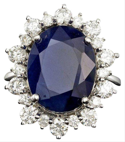 10.75ct Natural Blue Sapphire & Diamond 14k Solid White Gold Ring