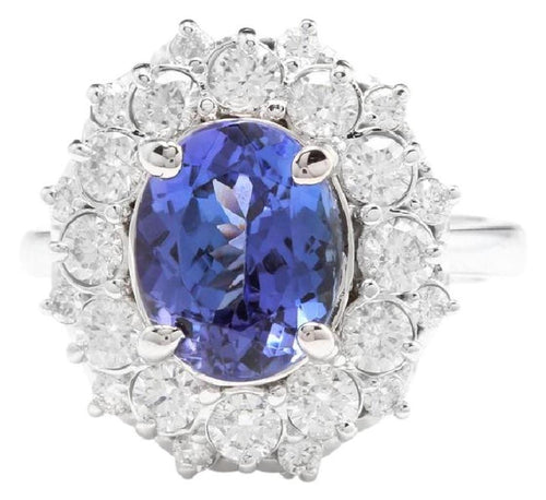 3.80 Carats Natural Very Nice Looking Tanzanite and Diamond 14K Solid White Gold Ring