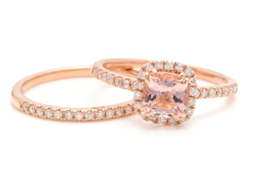 1.40 Carats Natural Morganite and Diamond 14K Solid Rose Gold Set of Matching Rings