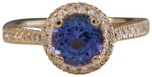 2.00 Carats Natural Impressive Tanzanite and Diamond 14K Solid Yellow Gold Ring