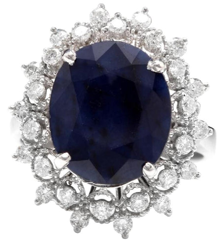 7.35 Carats Exquisite Natural Blue Sapphire and Diamond 14K Solid White Gold Ring