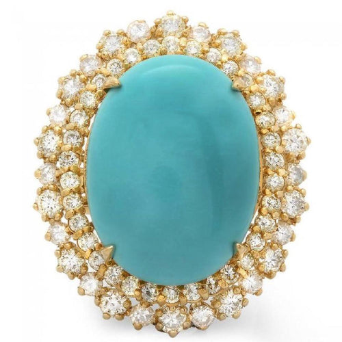 13.00 Carats Impressive Natural Turquoise and Diamond 14K Yellow Gold Ring