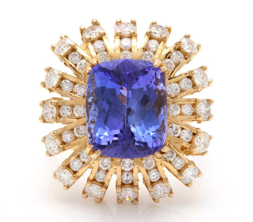 10.20 Carats Natural Very Nice Looking Tanzanite and Diamond 14K Solid Yellow Gold Ring