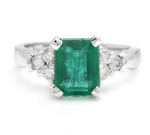 2.90 Carats Natural Emerald and Diamond 14K Solid White Gold Ring