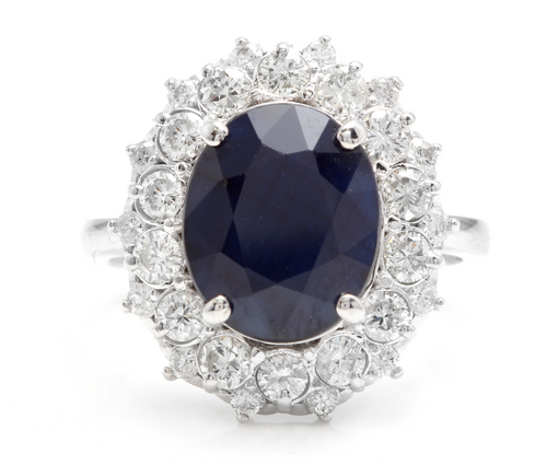 8.80 Carats Exquisite Natural Blue Sapphire and Diamond 14K Solid White Gold Ring