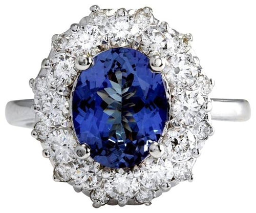 4.80 Carats Natural Very Nice Looking Tanzanite and Diamond 14K Solid White Gold Ring