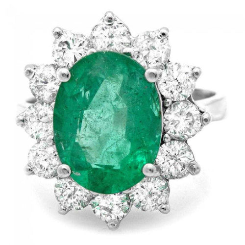 5.80 Carats Natural Emerald and Diamond 14K Solid White Gold Ring