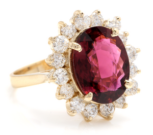 8.50 Carats Natural Very Nice Looking Tourmaline and Diamond 14K Solid Yellow Gold Ring