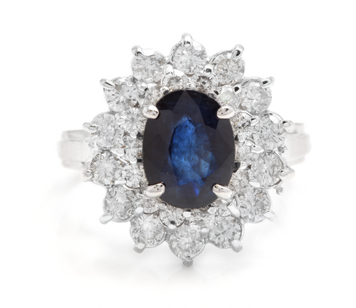 3.00 Carats Natural Blue Sapphire and Diamond 14K Solid White Gold Ring