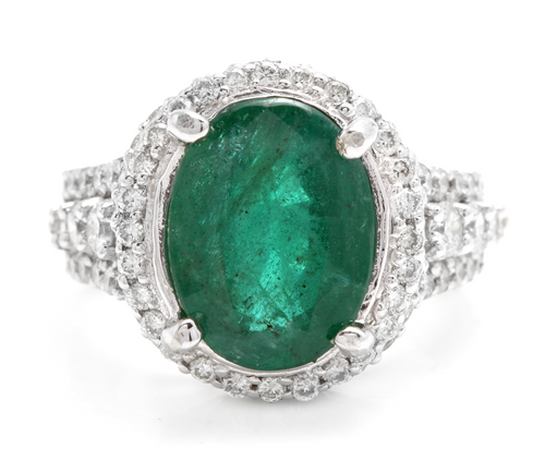 6.80 Carats Natural Emerald and Diamond 14K Solid White Gold Ring