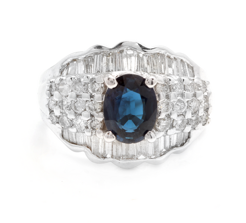 3.46 Carats Exquisite Natural Blue Sapphire and Diamond 18K Solid White Gold Ring