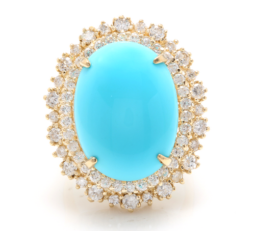 13.00 Carats Impressive Natural Turquoise and Diamond 14K Yellow Gold Ring