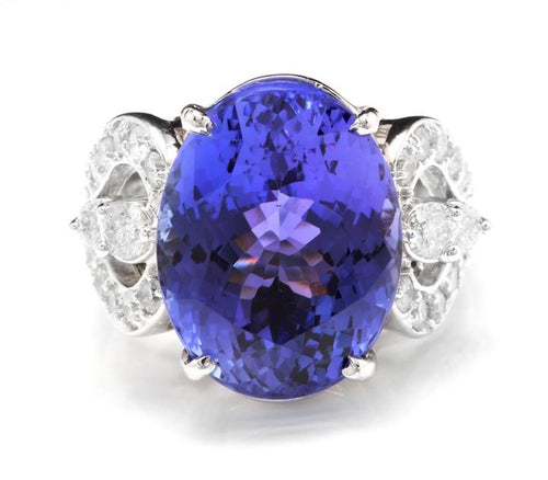 13.20 Carats Natural Very Nice Looking Tanzanite and Diamond 14K Solid White Gold Ring