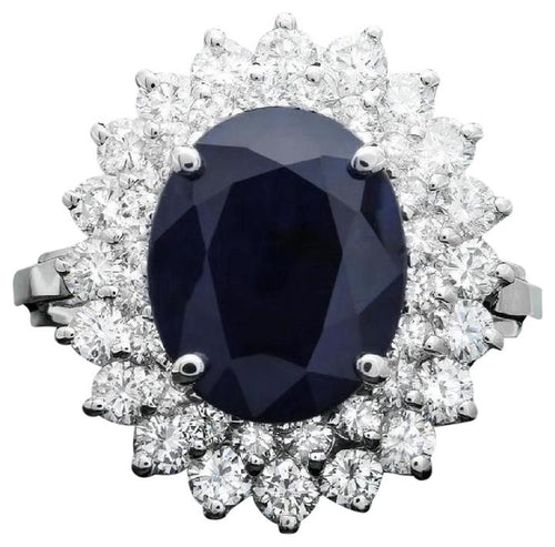 6.00 Carats Exquisite Natural Blue Sapphire and Diamond 14K Solid White Gold Ring