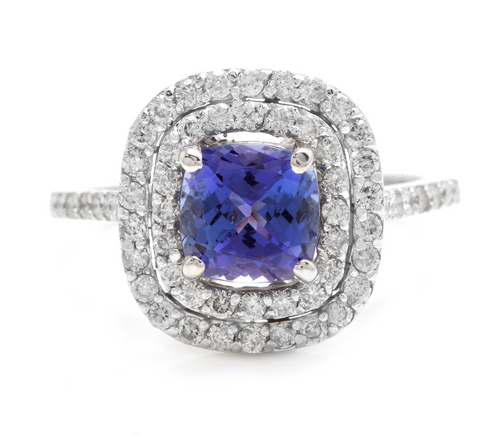 2.60 Carats Natural Very Nice Looking Tanzanite and Diamond 14K Solid White Gold Ring