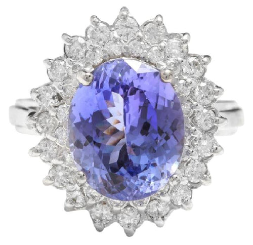 6.35 Carats Natural Very Nice Looking Tanzanite and Diamond 14K Solid White Gold Ring