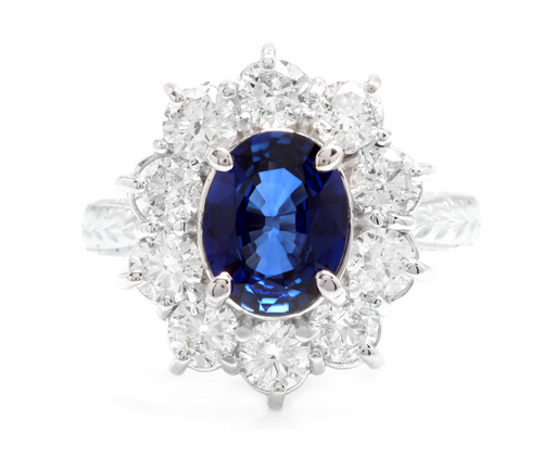 4.30 Carats Exquisite Natural Blue Sapphire and Diamond 14K Solid White Gold Ring