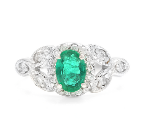 1.15 Carats Natural Emerald and Diamond 14K Solid White Gold Ring