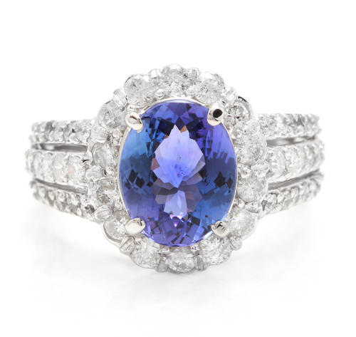 4.10 Carats Natural Very Nice Looking Tanzanite and Diamond 14K Solid White Gold Ring