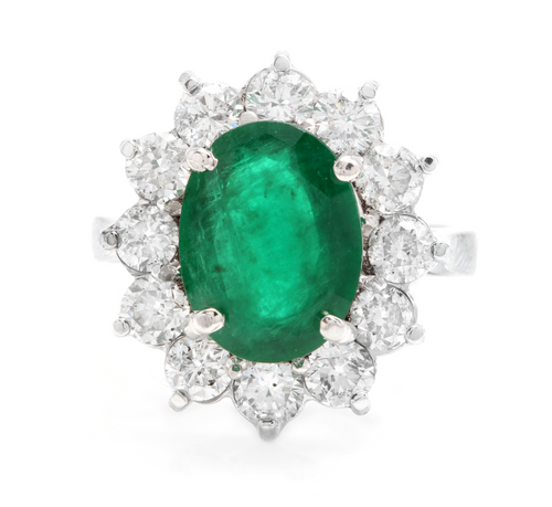 5.60 Carats Natural Emerald and Diamond 14K Solid White Gold Ring