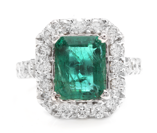 5.30 Carats Natural Emerald and Diamond 14K Solid White Gold Ring