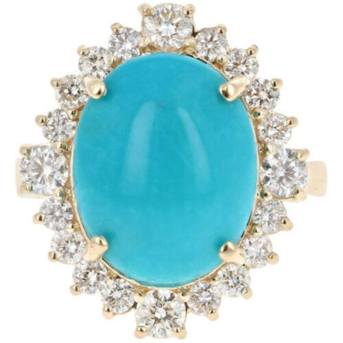 8.10 Carats Impressive Natural Turquoise and Diamond 14K Yellow Gold Ring