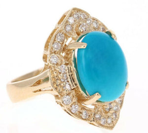 7.55 Carats Impressive Natural Turquoise and Diamond 14K Yellow Gold Ring