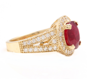 7.15 Carats Red Ruby and Natural Diamond 14k Solid Yellow Gold Ring