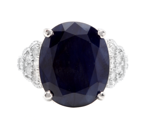 14.60 Carats Exquisite Natural Blue Sapphire and Diamond 14K Solid White Gold Ring