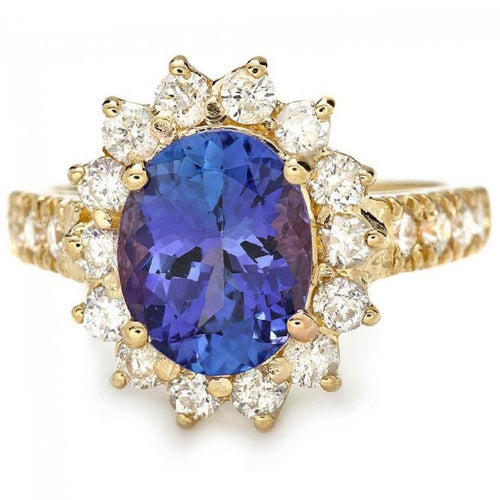 3.85 Carats Natural Very Nice Looking Tanzanite and Diamond 14K Solid Yellow Gold Ring