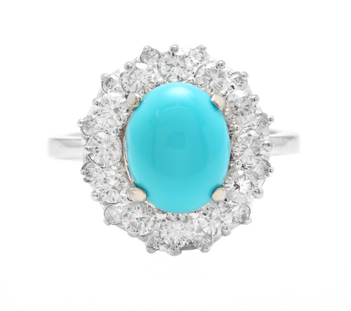 3.50 Carats Impressive Natural Turquoise and Diamond 14K White Gold Ring