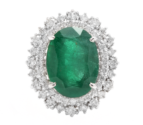 9.60 Carats Natural Emerald and Diamond 14K Solid White Gold Ring