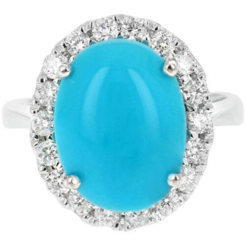 7.65 Carats Impressive Natural Turquoise and Diamond 14K White Gold Ring