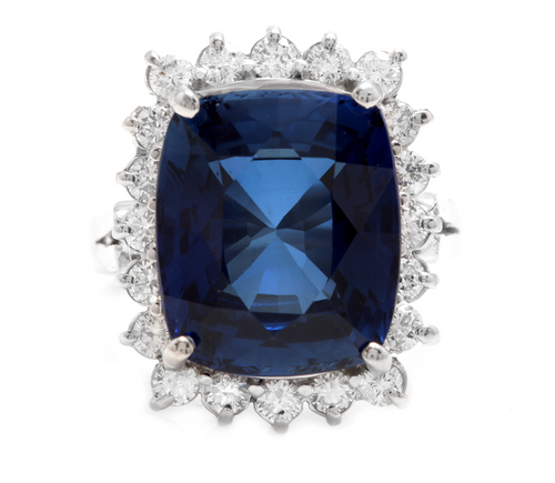 12.75 Carats Lab Created Ceylon Blue Sapphire and Natural Diamond 14K Solid White Gold Ring