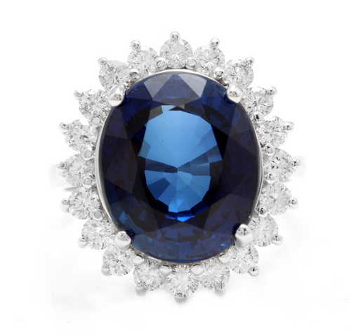 12.05 Carats Lab Created Ceylon Blue Sapphire and Natural Diamond 14K Solid White Gold Ring