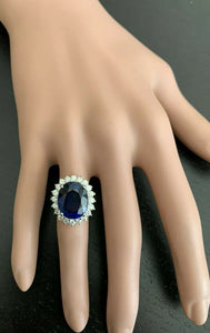 12.05 Carats Lab Created Ceylon Blue Sapphire and Natural Diamond 14K Solid White Gold Ring