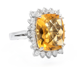 8.75 Carats Natural Very Nice Looking Citrine and Diamond 14K Solid White Gold Ring