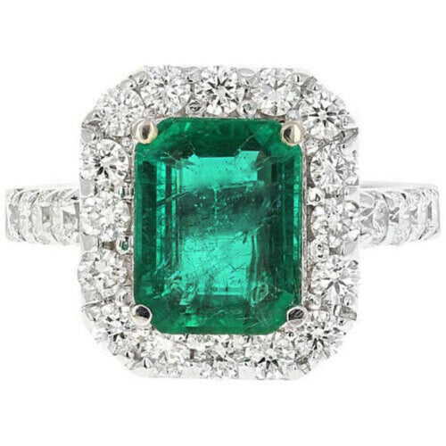 4.30 Carats Natural Emerald and Diamond 18K Solid White Gold Ring