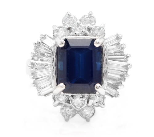 5.04 Carats Exquisite Natural Blue Sapphire and Diamond 14K Solid White Gold Ring