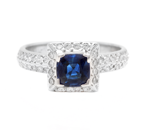 1.50 Carats Exquisite Natural Ceylon Blue Sapphire and Diamond 14K Solid White Gold Ring