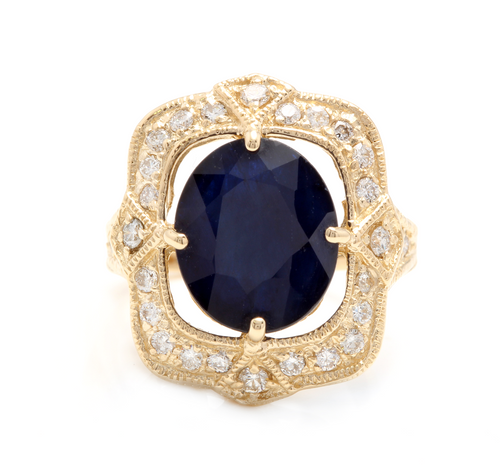 6.70 Carats Exquisite Natural Blue Sapphire and Diamond 14K Solid Yellow Gold Ring