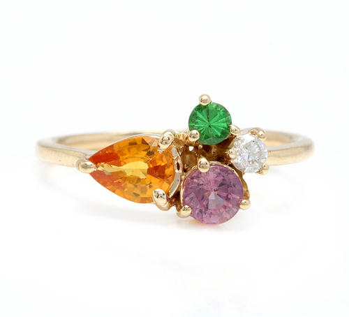 1.60 Carats Natural Multi-Color Sapphire, Tsavorite and Diamond 14K Solid Yellow Gold Ring