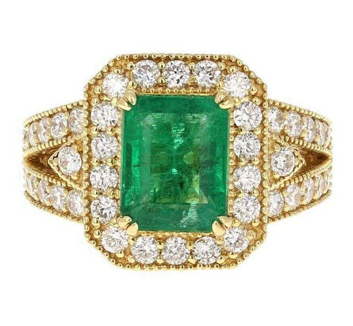 4.40 Carats Natural Emerald and Diamond 14K Solid Yellow Gold Ring