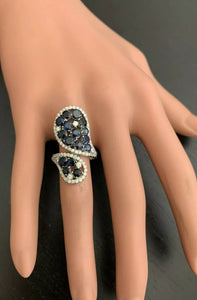 5.50 Carats Exquisite Natural Blue Sapphire and Diamond 14K Solid White Gold Ring