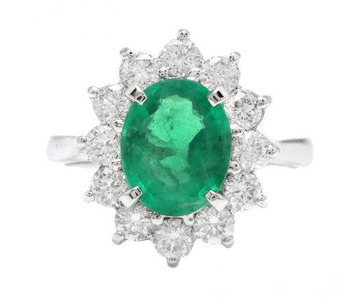 3.60 Carats Exquisite Emerald and Diamond 14K Solid White Gold Ring