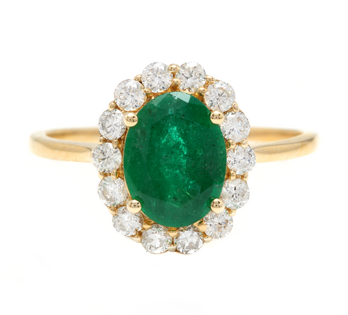 2.50 Carats Exquisite Emerald and Diamond 14K Solid Yellow Gold Ring