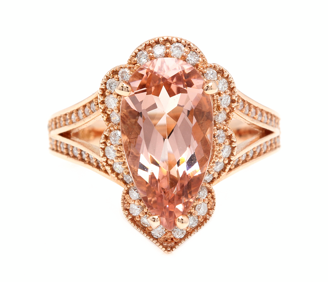 5.10 Carats Exquisite Natural Morganite and Diamond 14K Solid Rose Gold Ring