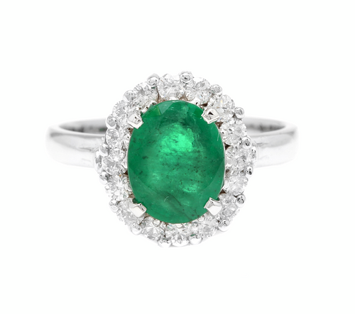 3.10 Carats Exquisite Emerald and Diamond 14K Solid White Gold Ring