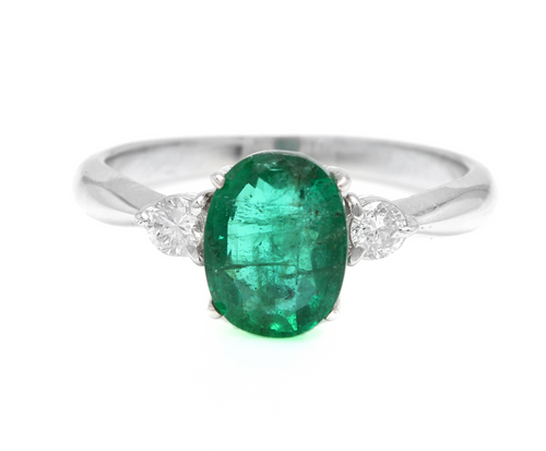 1.66 Carats Exquisite Emerald and Diamond 14K Solid White Gold Ring